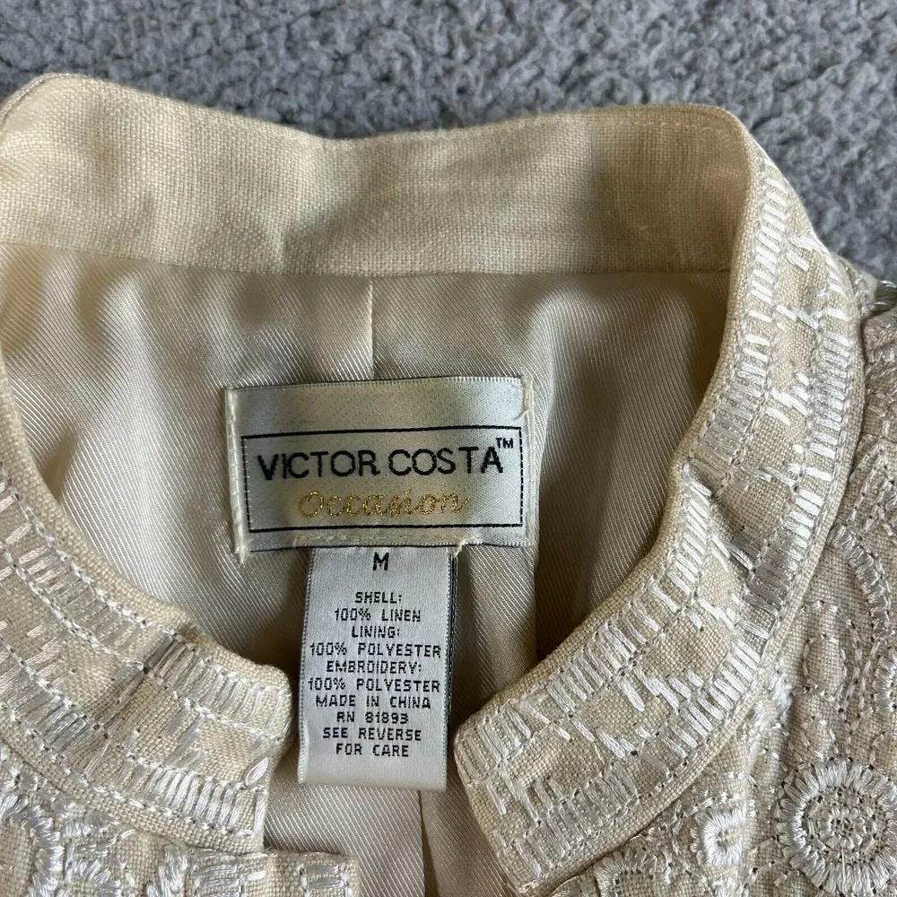 NEW Victor Costa Jacket Womens Medium Beige Blazer Linen Embroidered Floral Open